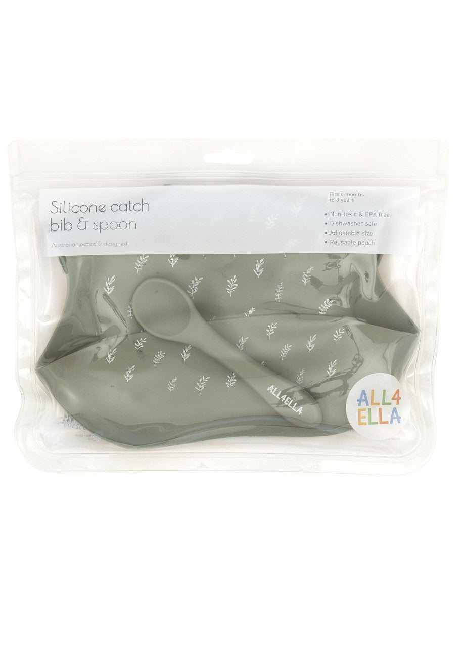 Silicone Bib & Spoon - Olive