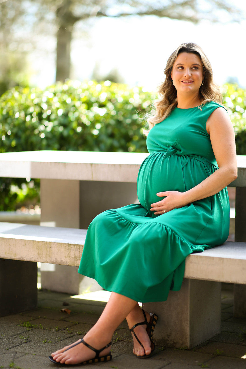 Tie Front Tiered Midi Dress - Green