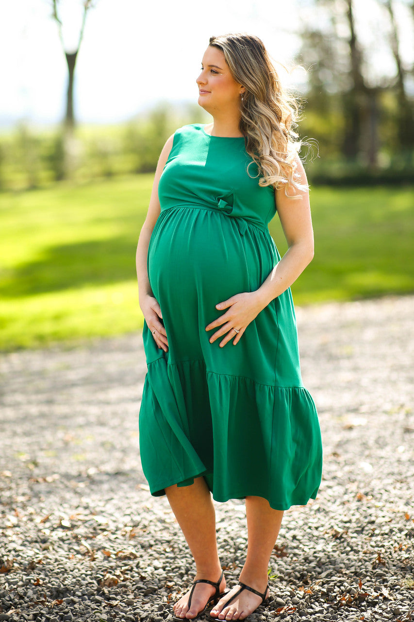Tie Front Tiered Midi Dress - Green
