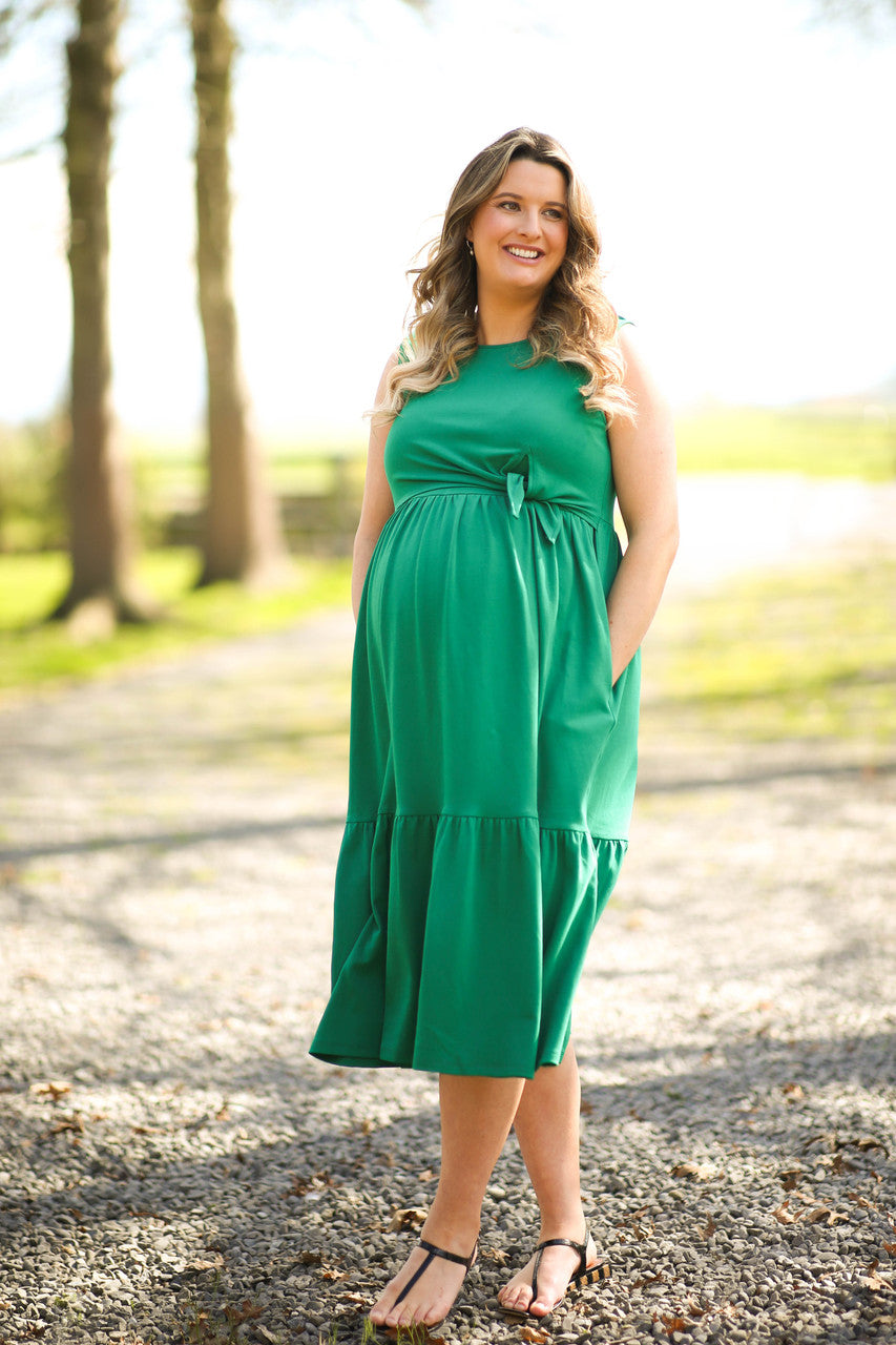 Tie Front Tiered Midi Dress - Green