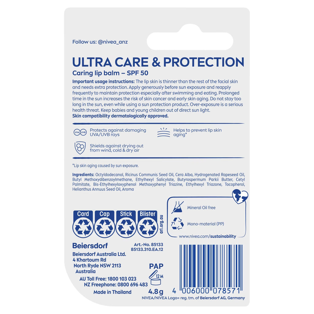 Nivea Ultra Care and Protection SPF50 Lip Balm 4.8g