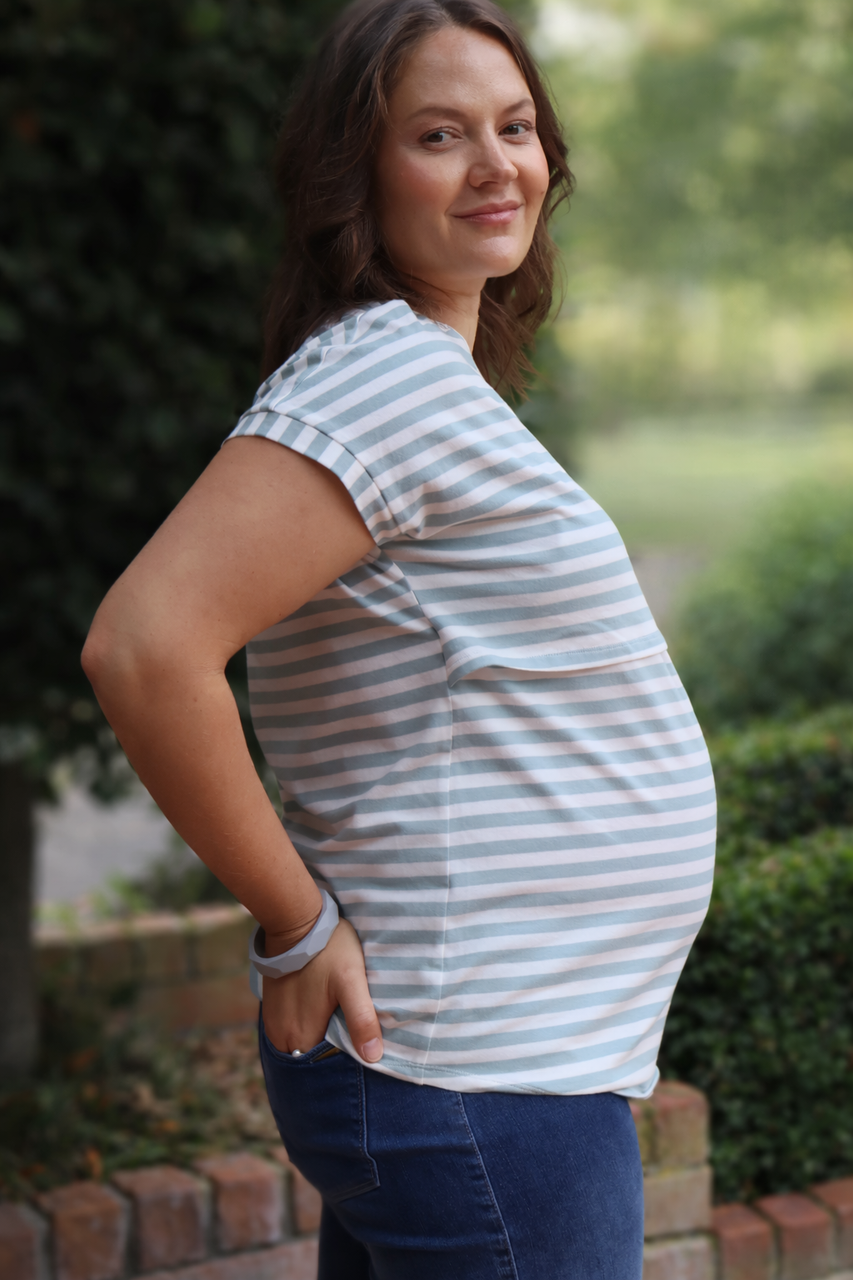 Seafoam green cotton maternity and nursing tee with easy-lift access