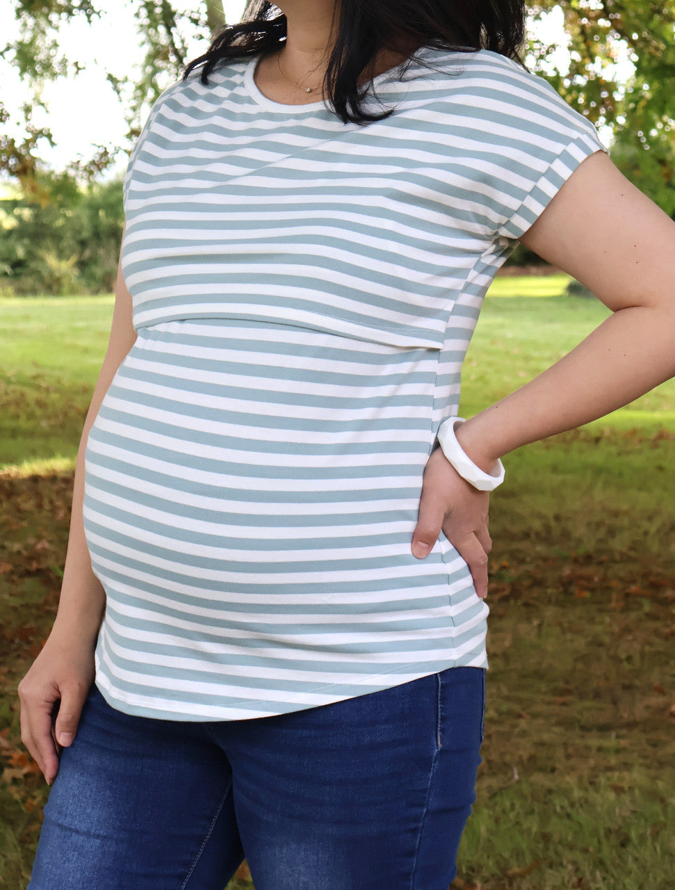 Seafoam green cotton maternity and nursing tee with easy-lift access