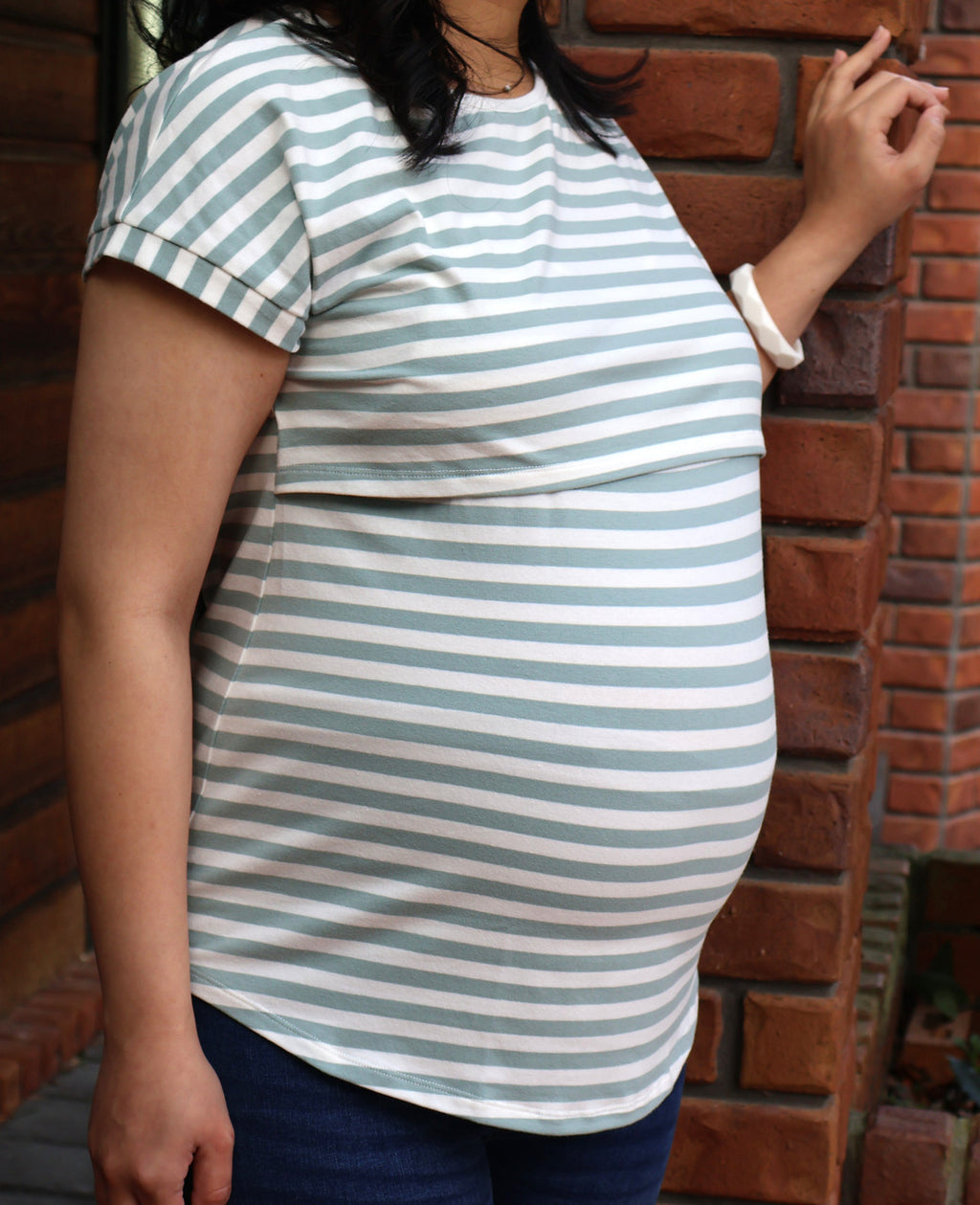 Seafoam green cotton maternity and nursing tee with easy-lift access