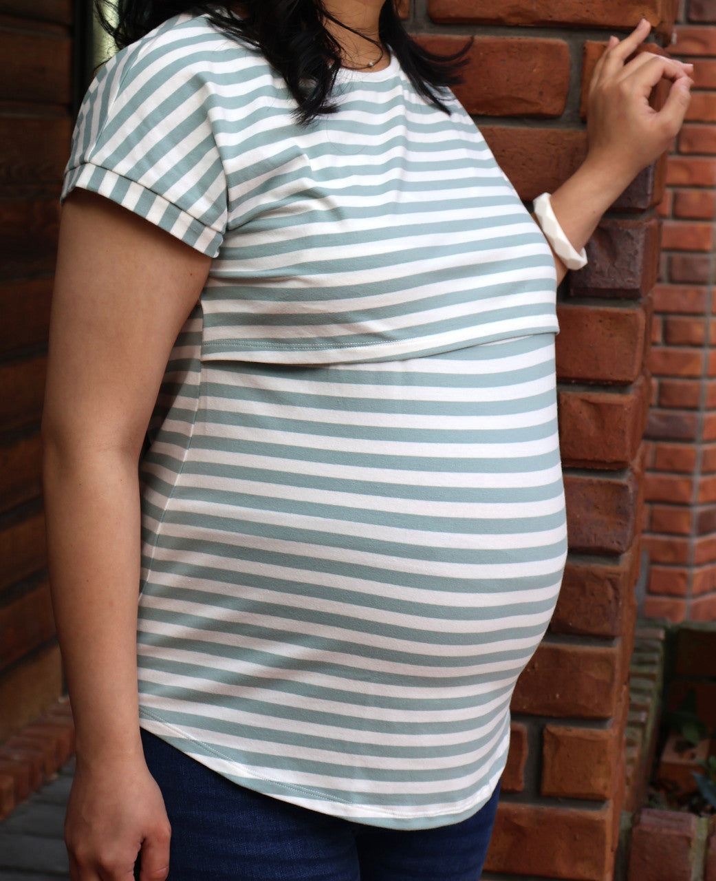 Seafoam green cotton maternity and nursing tee with easy-lift access