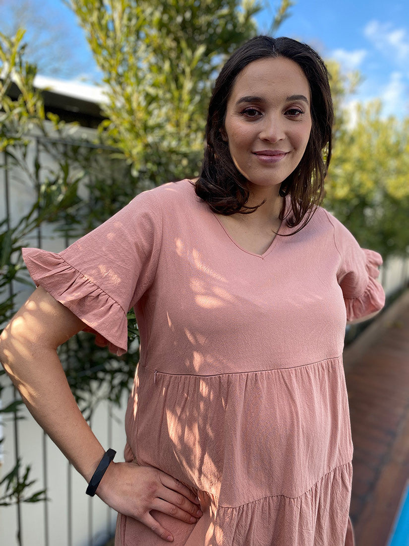 Dusky Peach Tiered Dress - Maternity & Breastfeeding