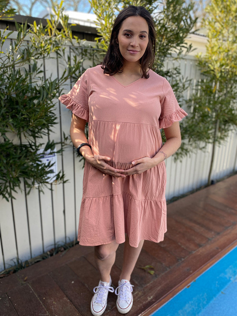 Dusky Peach Tiered Dress - Maternity & Breastfeeding