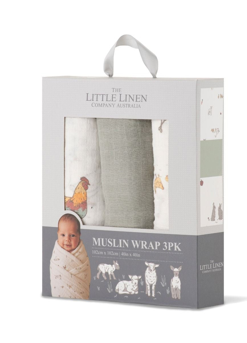 Muslin Wraps 3 pk - Farmyard Lamb